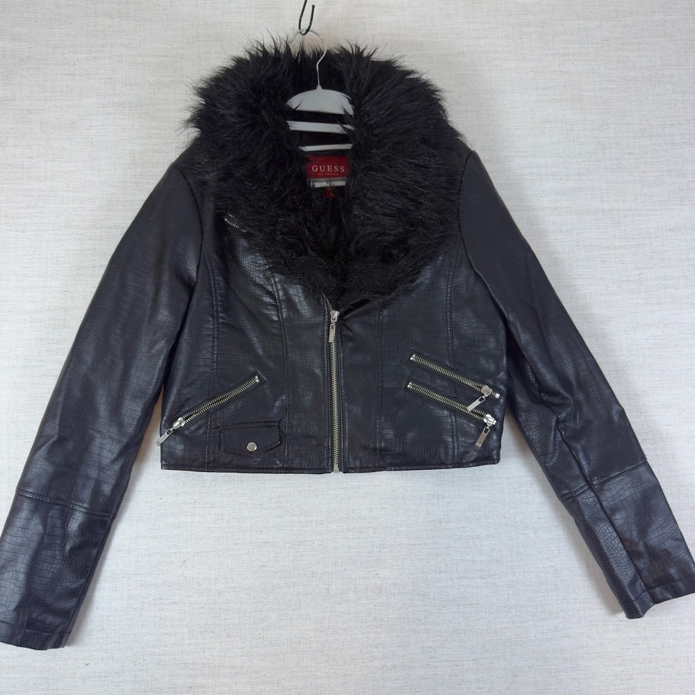 GUESS Los Angeles Black Crocodile Embossed Faux Leather Moto Jacket Fur Collar M